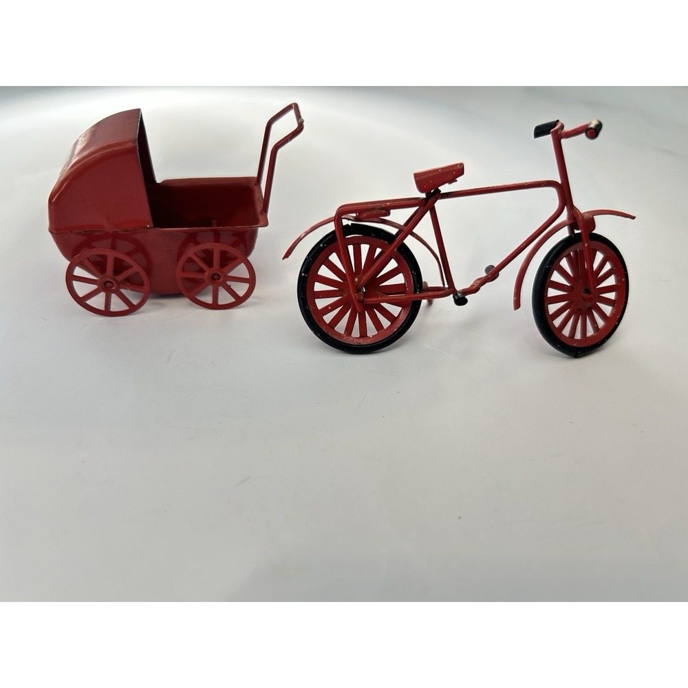 Vintage Red Metal Bicycle & Pram Miniature Dollhouse Decor Metal Set
